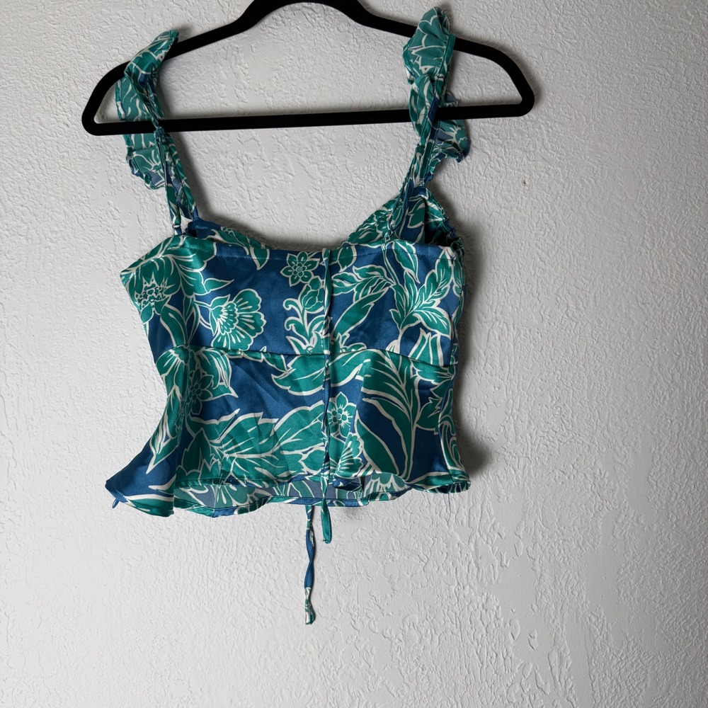 House of Harlow 1960 Women's M Teal Green Floral Ruffle Strap Satin Crop Top